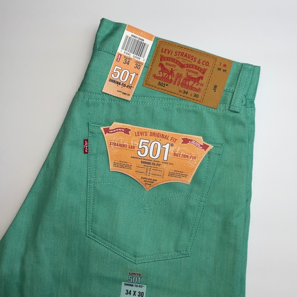 NEW Levis 501 Jeans Mens 34x30 Light Green Button Fly Straight Leg Original Fit